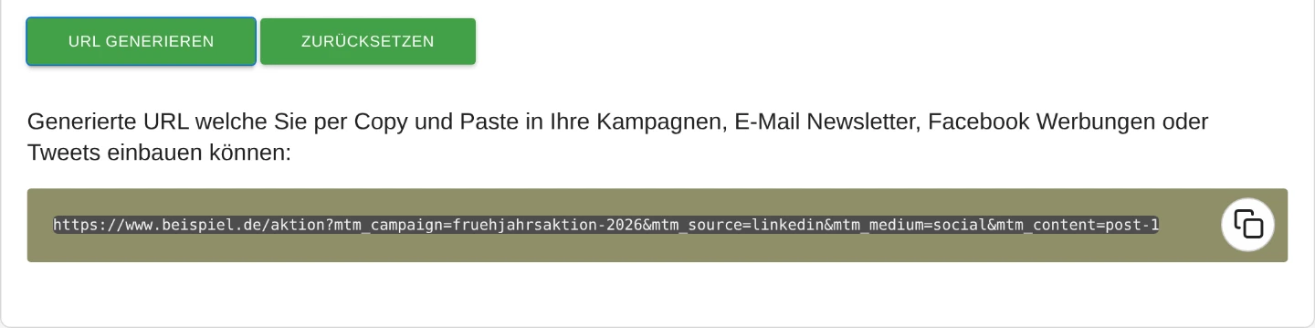 Der Kampagnen URL Erzeuger in Matomo nach einem Klick auf URL generieren. Die erzeugte Adresse für die Seite beispiel.de/aktion enthält mtm_campaign=fruehjahrsaktion-2026, mtm_source=linkedin, mtm_medium=social und mtm_content=post-1.