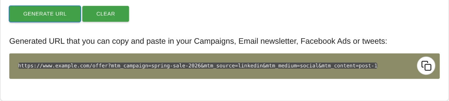 The Campaign URL Builder in Matomo after clicking Generate URL. The generated address for the page example.com/offer contains mtm_campaign=spring-sale-2026, mtm_source=linkedin, mtm_medium=social and mtm_content=post-1.