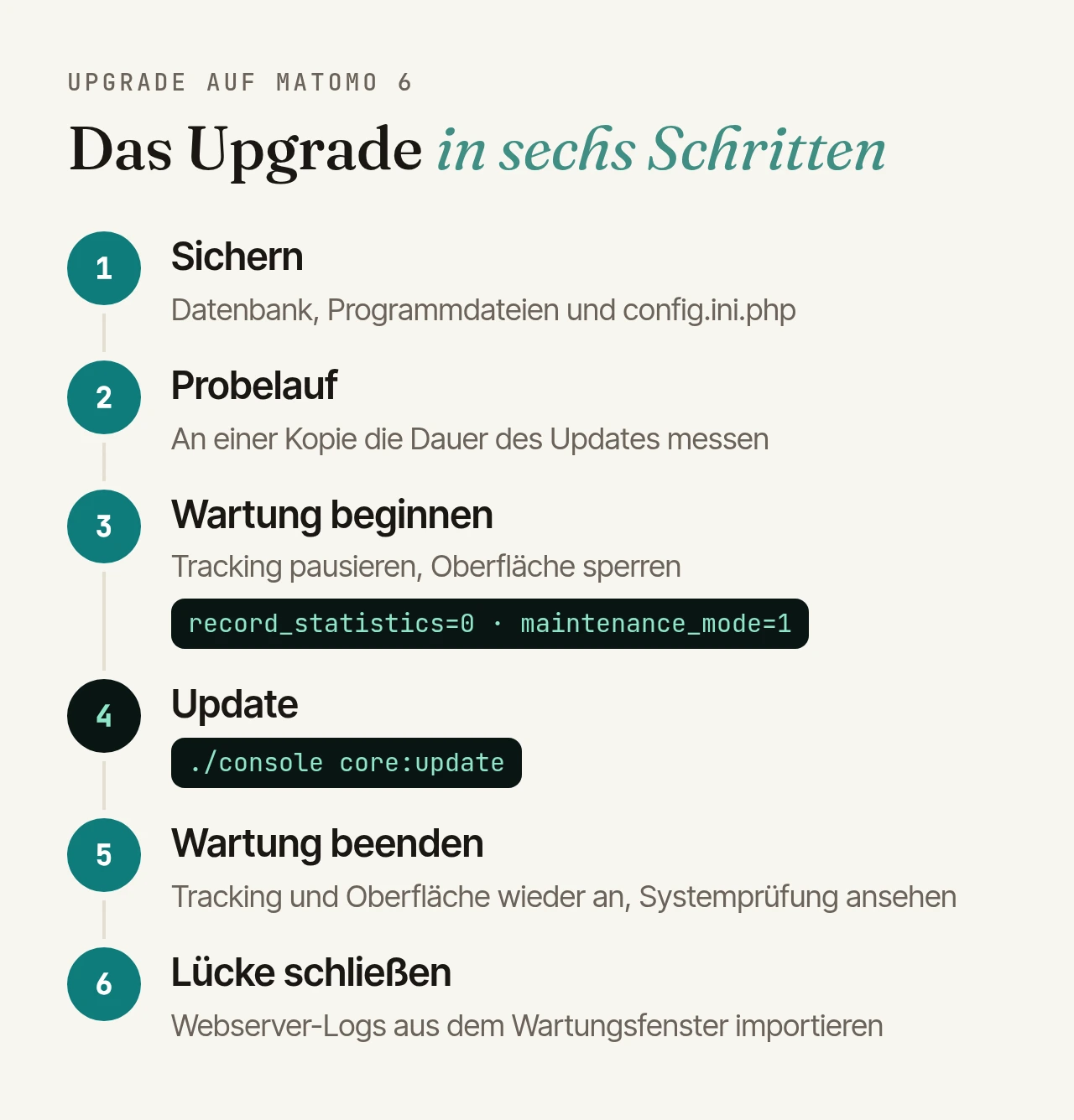 Das Upgrade in sechs Schritten: 1. Sichern, 2. Probelauf an einer Kopie, 3. Wartung beginnen mit record_statistics=0 und maintenance_mode=1, 4. ./console core:update, 5. Wartung beenden und Systemprüfung ansehen, 6. Lücke per Import der Webserver-Logs schließen.